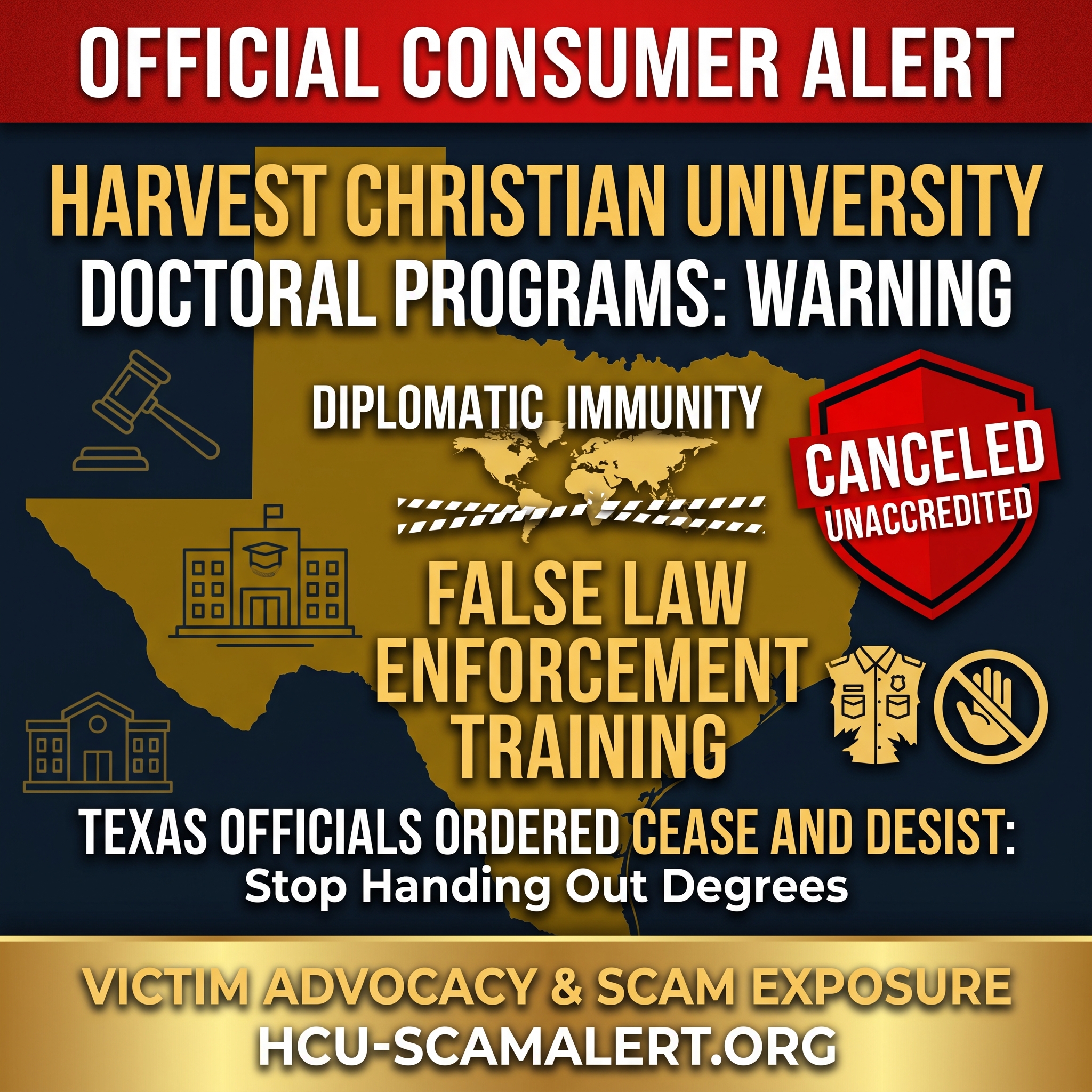 Informational consumer alert graphic about reported Harvest Christian University doctoral program, diplomatic immunity, and law-enforcement training claims